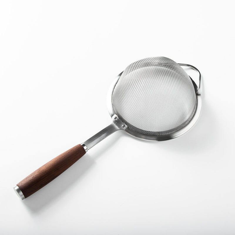 Sur La Table Kitchen Essentials Stainless Steel Strainer - Matte Lacquered Wanut Wood Handle - Tie Card