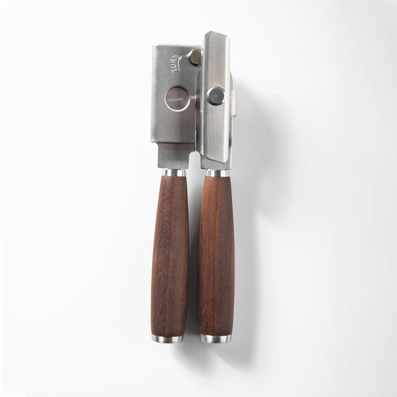 Sur La Table Kitchen Essentials Stainless Steel Can Opener - Matte Lacquered Wanut Wood Handle -Tie Card