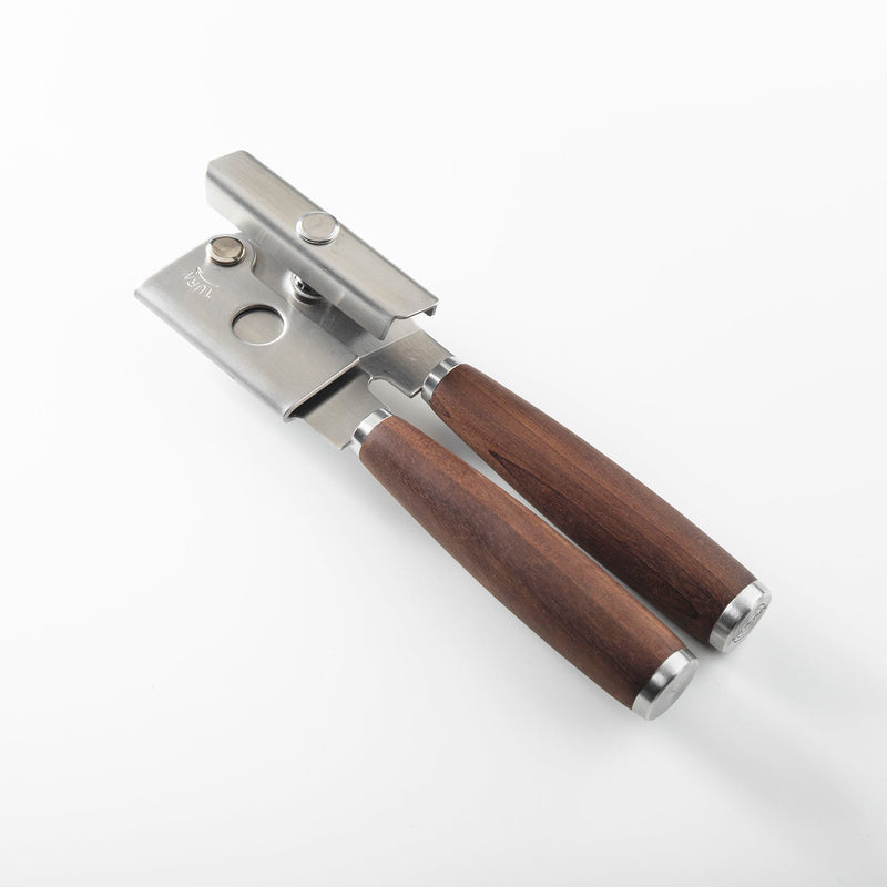Sur La Table Kitchen Essentials Stainless Steel Can Opener - Matte Lacquered Wanut Wood Handle -Tie Card