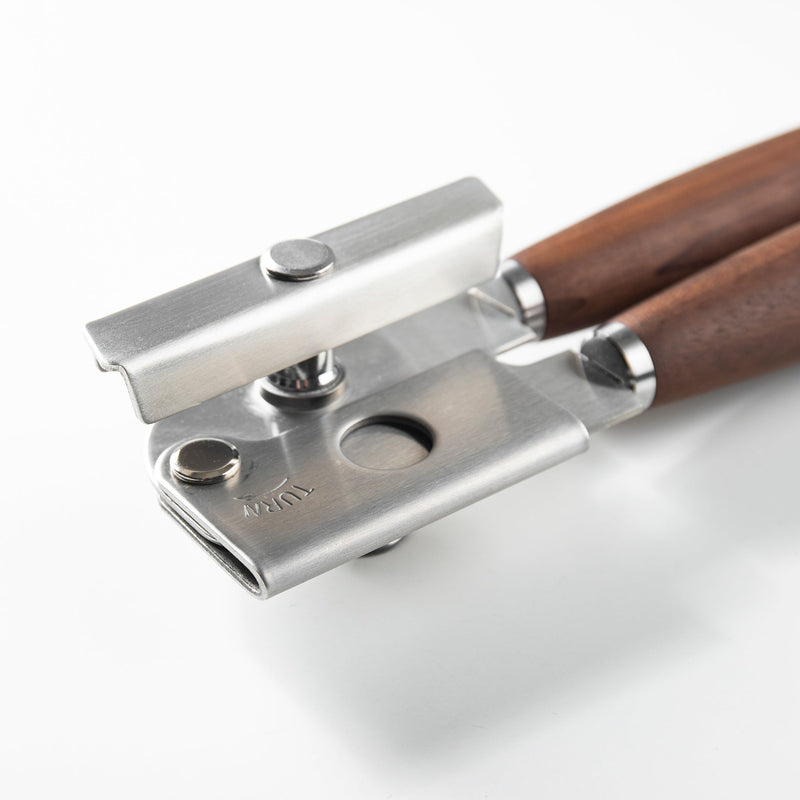 Sur La Table Kitchen Essentials Stainless Steel Can Opener - Matte Lacquered Wanut Wood Handle -Tie Card