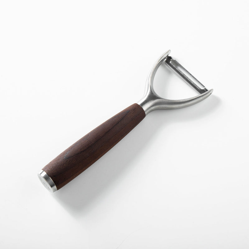 Sur La Table Kitchen Essentials Stainless Steel Y-Peeler - Matte Lacquered Wanut Wood Handle -Tie Card