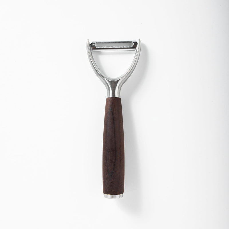 Sur La Table Kitchen Essentials Stainless Steel Y-Peeler - Matte Lacquered Wanut Wood Handle -Tie Card