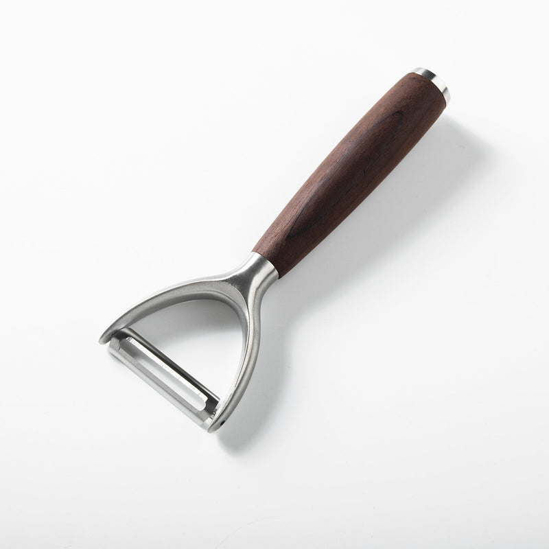 Sur La Table Kitchen Essentials Stainless Steel Y-Peeler - Matte Lacquered Wanut Wood Handle -Tie Card