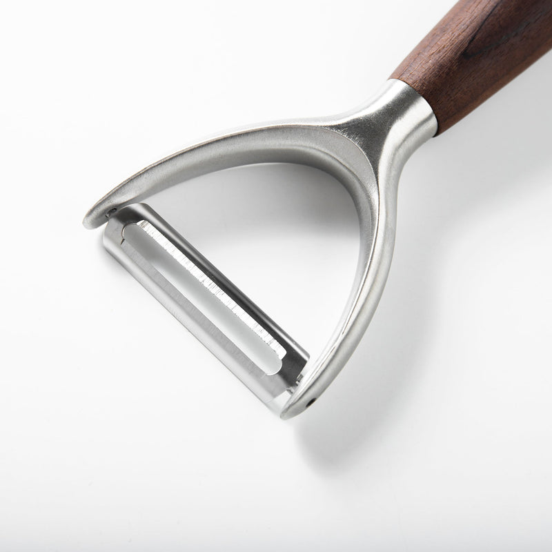 Sur La Table Kitchen Essentials Stainless Steel Y-Peeler - Matte Lacquered Wanut Wood Handle -Tie Card