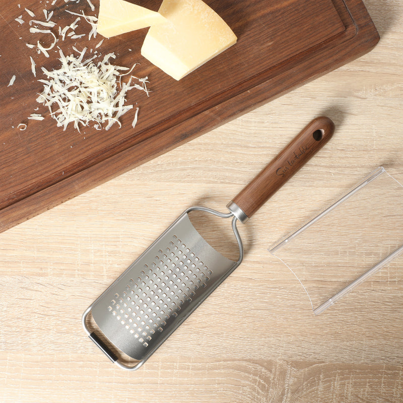 Sur La Table Kitchen Essentials Stainless Steel Flat Grater - Etched Stainless Steel Blade - Black Walnut WoodHandle - Tie Card