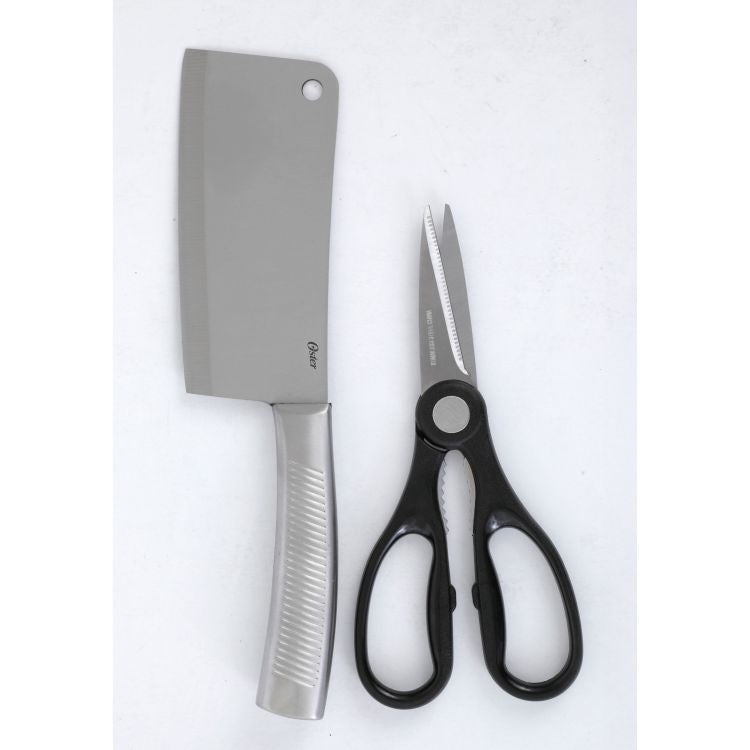 Oster Eddington 2pc Stainless Steel Cleaver & Scissors Set - Textured Ridged Handle - Clam Pack