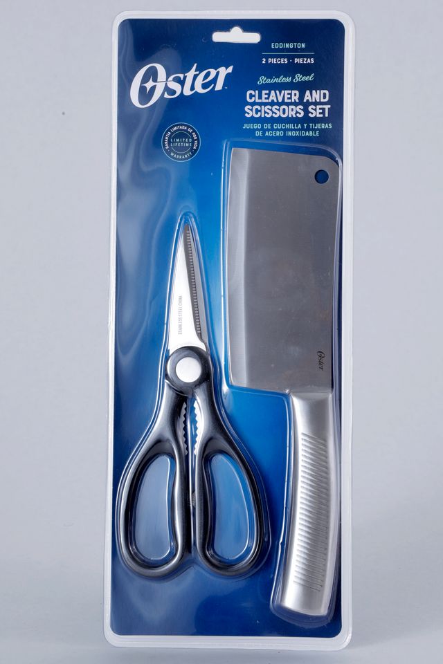Oster Eddington 2pc Stainless Steel Cleaver & Scissors Set - Textured Ridged Handle - Clam Pack