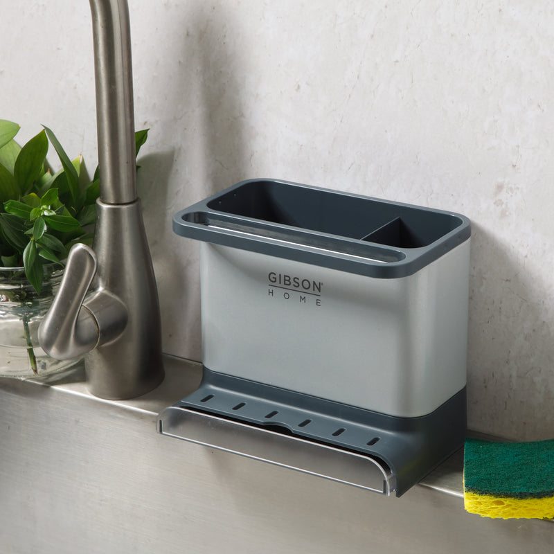 Gibson Home Ledgebrook - 7.2 IN L X 4.6 IN W X 6.1 IN H Sink Organizer - Grey - Galvanized Board w/ Powder Coat - Silk Logo Print - SS - Gift Boxw/ Remailer