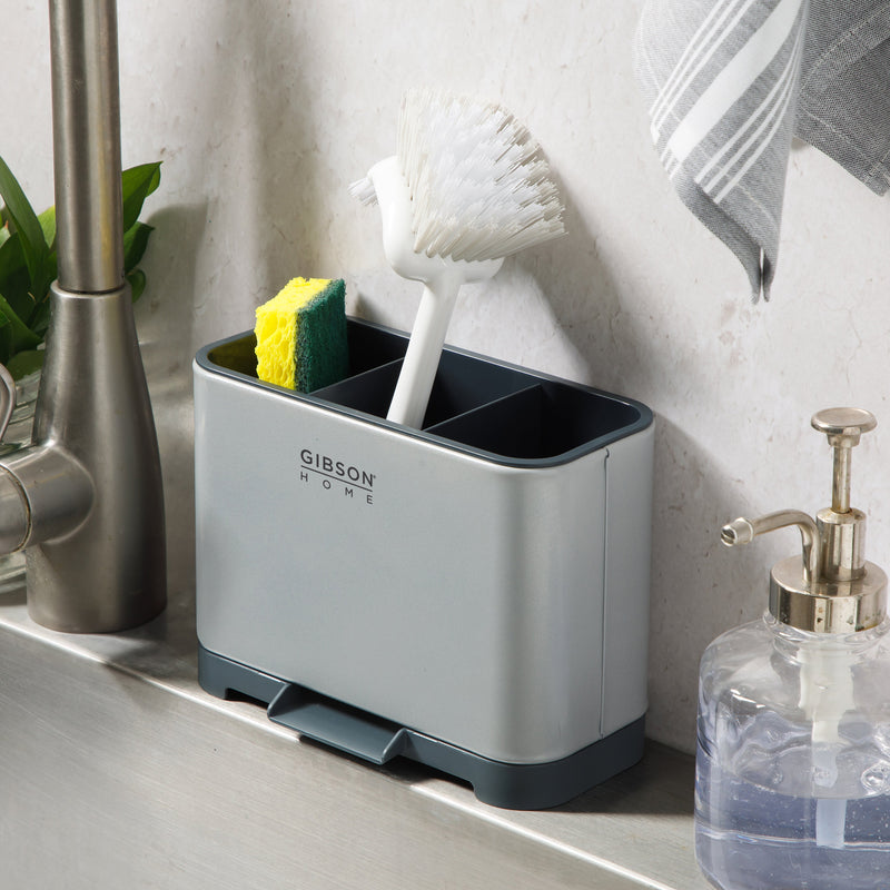 Gibson Home Ledgebrook - 7.04 IN L X 3.74 IN W X 5.3 IN H Sink Caddy  - Metal Panel / PP Base / ABS Cover / Powder Coat Tray - Silk Logo Print - SS - Gift Box w/ Remailer