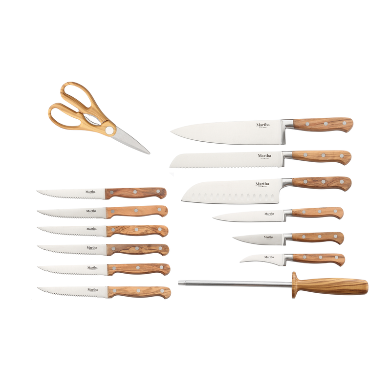 Martha Stewart Austenwood 15 pc Stainless Steel Cutlery Set - German Steel Blade - Olive Wood Handle - GBX w/ Remailer