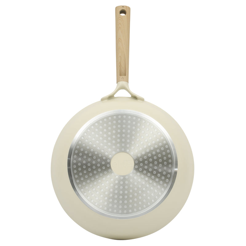 Gibson Elite Folkstone 12" Cast Aluminum Frying Pan - Linen - Nonstick Ceramic Interior - Induction Base - Wood Look Soft Touch Handle - Color Sleeve
