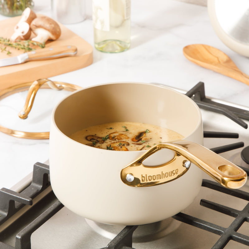 Bloomhouse 3qt Aluminum Saucepan w/ Lid - Linen - Taupe Ceramic Interior - Nonstick - Induction - Cast Stainless Steel Gold PVD Handle - Gift Box w/ Remailer