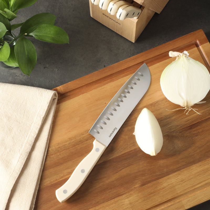 Kenmore Kane Glacier 14pc Stainless Steel Cutlery Set w/ Ashwood Block - ABS Handle - Gift Box w/ Remailer : Linen
