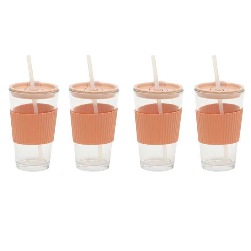 Mr. Coffee Sip Savvy - 4 pc 15oz Glass Tumbler w/ Lid & Straw - Factory Remailer