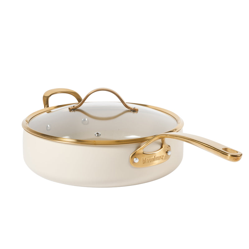 Bloomhouse 6qt Aluminum Sauté Pan w/ Lid - Linen - Taupe Ceramic Interior - Nonstick - Induction - Cast Stainless Steel Gold PVD Handle - Gift Box w/ Remailer
