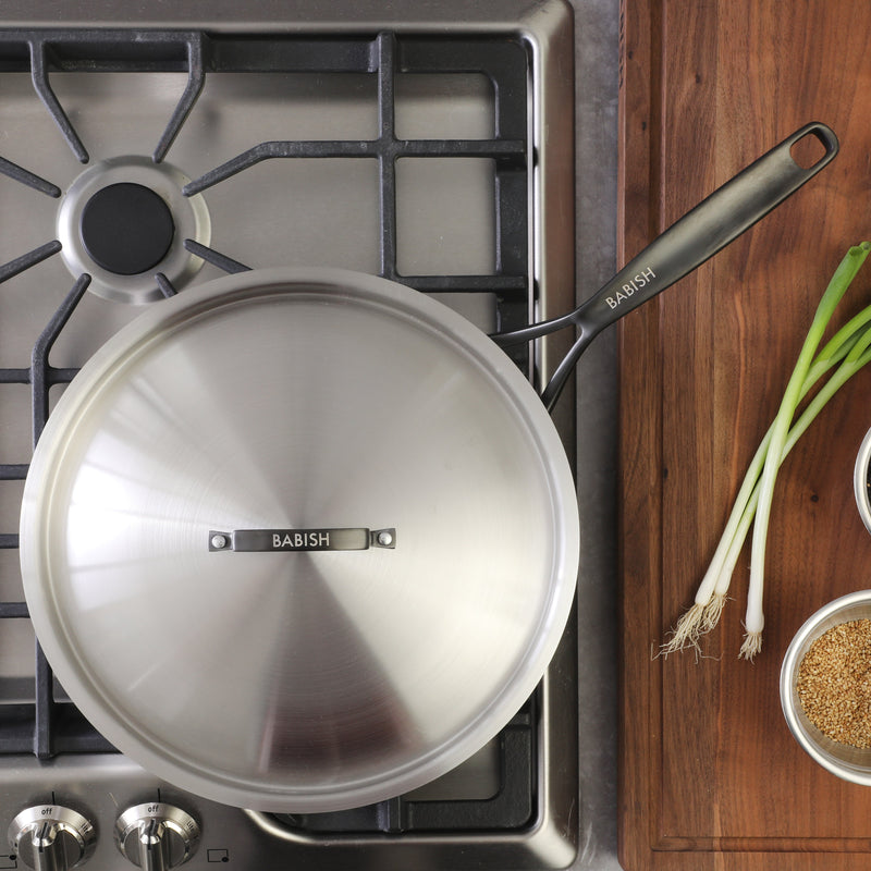 Babish 12" Triply Stainless Steel Frying Pan w/ Stainless Steel Lid & Black PVD Handle - Color Sleeve w/ Remailer