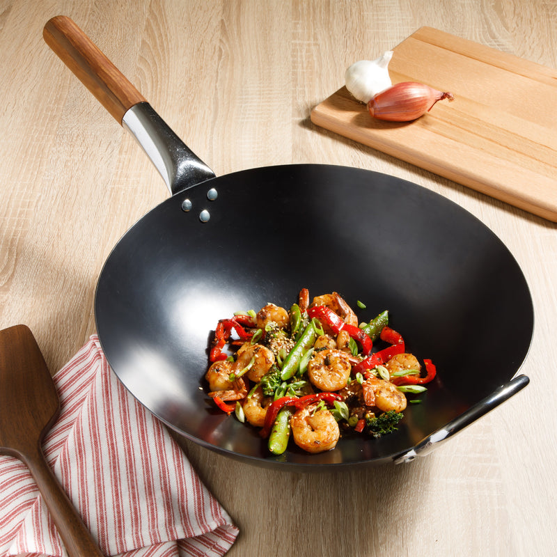 Sur la Table Kitchen Essentials Quick Fire 13.5" Non-Stick Steel Wok - Black Int/Ext - Olive Wood Handle - O/S Color Sleeve w/ Remailer