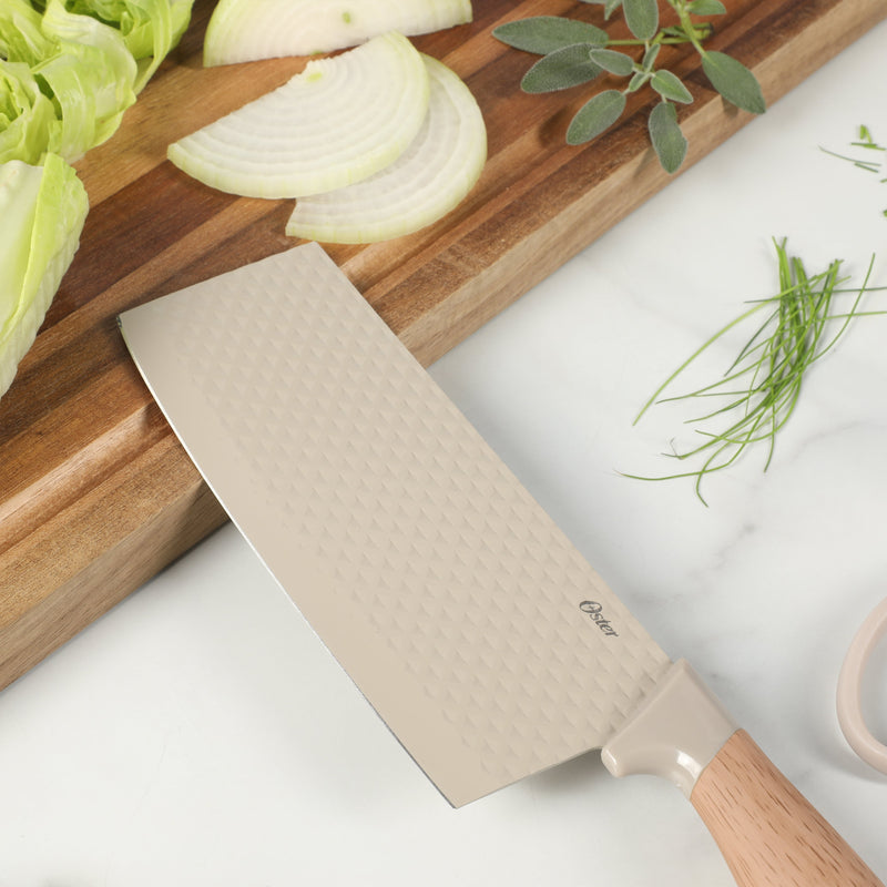 Oster Gunderson 2pc 6" Cleaver & Scissors Set - Taupe - Textured Blade - Non Stick - PP Wood Look Soft Touch Handle - Clam Pack