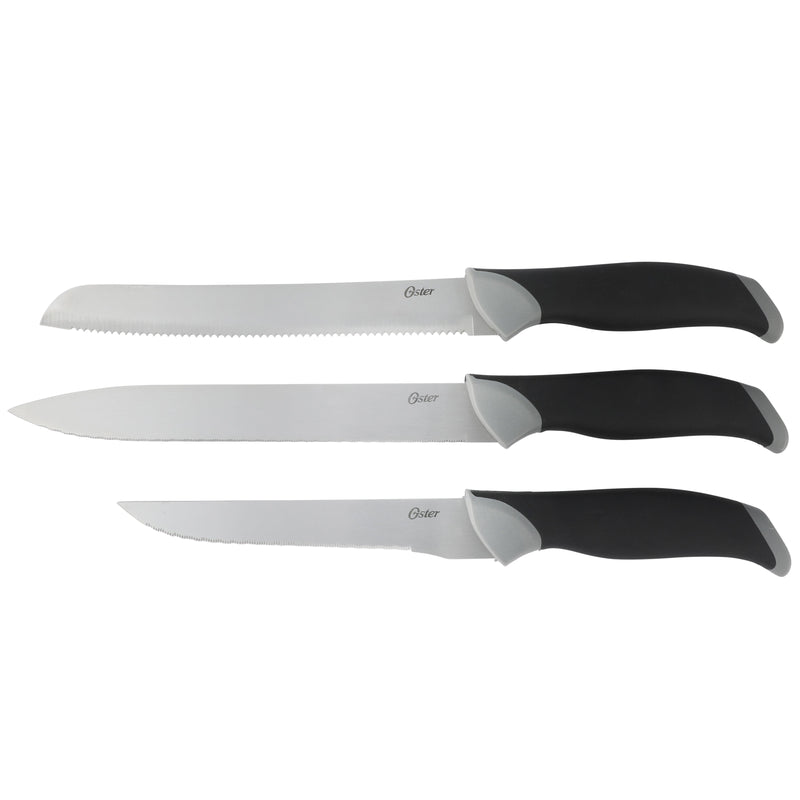 Oster Lindbergh 22pc Stainless Steel Cutlery Set w/ Black Wood Block - Grey/Black - TPR/PP Handle - Gift Box
