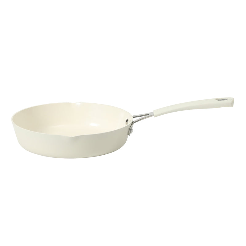 Martha Stewart 9.5" Heathland Aluminum Frying Pan - Linen - Taper Shape - Off White Ceramic Interior - Induction - Silicone Handle - Color Sleeve