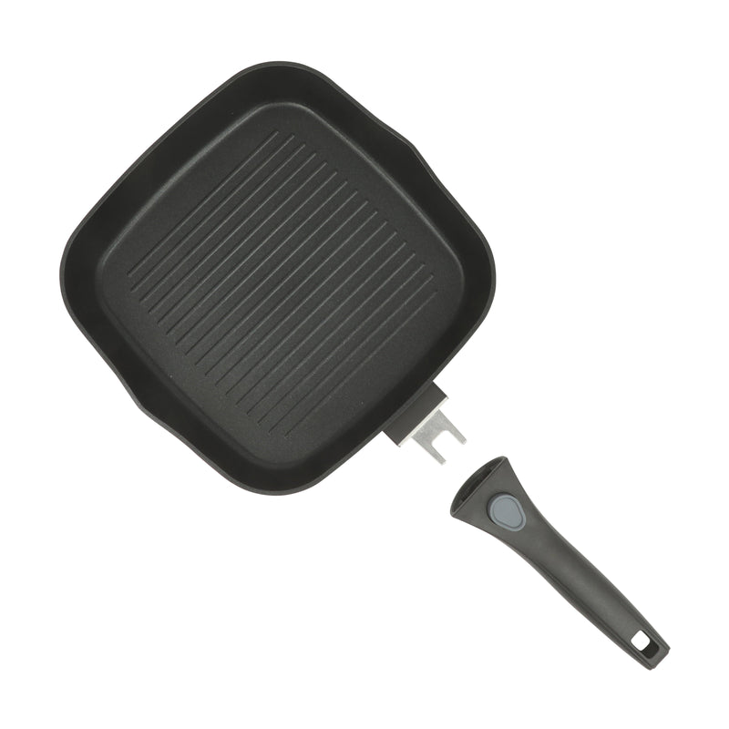 Oster Smarthandle Advance 3 pc Forged Aluminum 10" Round Pancake Pan & 9.5" Square Grill w/ Detachable Handle - Matte Black - Non-Stick Interior - Induction Base - Bakelite Handle - Gift Box (Open Window)
