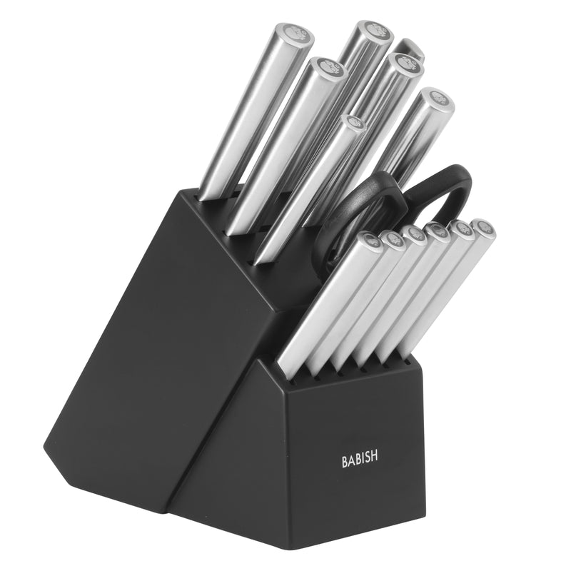 Babish 15 pc German Steel Cutlery Set w/ Black Rubber Wood Block - Gift Box w/ Remailer