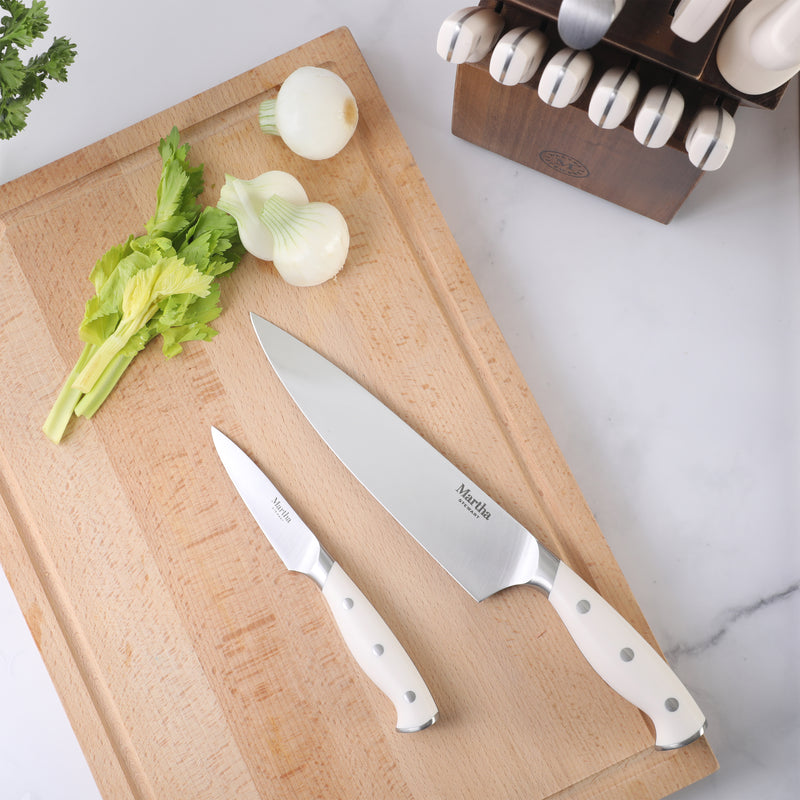 Martha Stewart Greeley 14pc Stainless Steel Cutlery Set w/ Acacia Wood Block - Forged Handle - GBX
