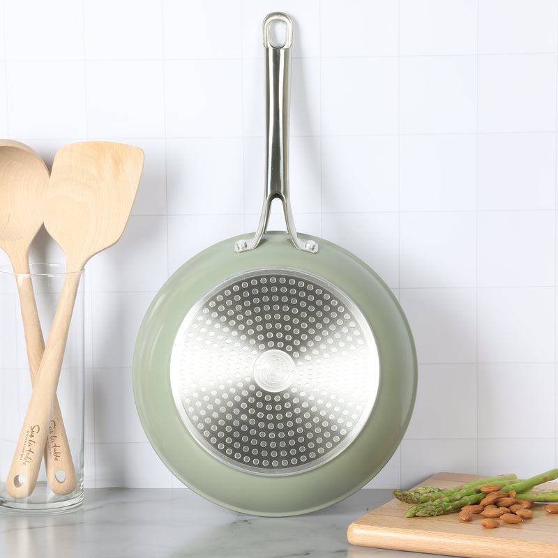 Sur La Table Kitchen Essentials Gourmet Cuisine 10" Forged Aluminum Frying Pan - Grey Ceramic Titanium Interior - Induction Base - Stainless Steel Hollow Handle - Color Sleeve