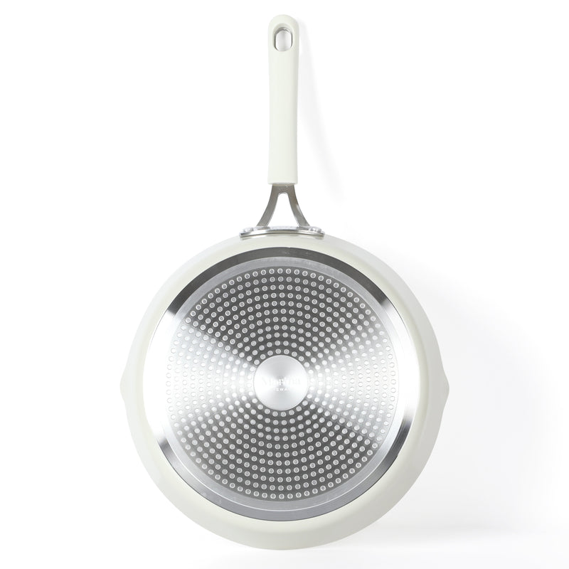 Martha Stewart 11" Heathland Aluminum Frying Pan - Linen - Taper Shape - Off White Ceramic Interior - Induction - Silicone Handle - Color Sleeve