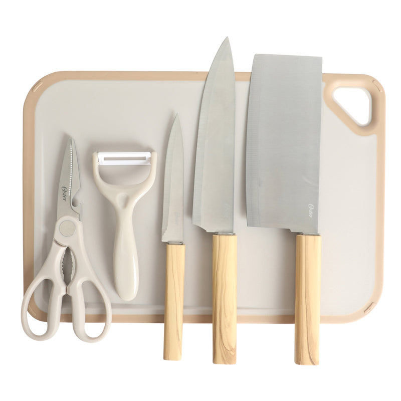 Oster Huntingfield 6pc Stainless Steel Cutlery Set w/ Cutting Board - PP w/ Olive Wood Look PP Handle - Clampack