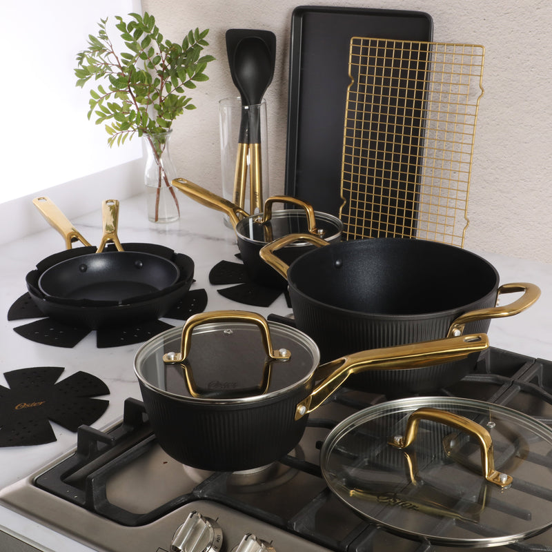 Oster Abbottsford 16pc Aluminum Cookware Combo Set - Matte Black Stripe - Nonstick - CD Bottom - Stainless Steel Handle - Gift Box