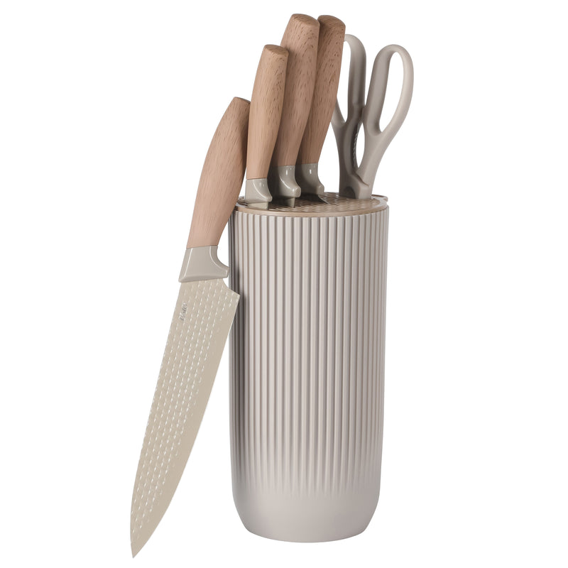 Oster Gunderson 6 pc Stainless Steel Cutlery Set w/ Round Stand - Taupe Diamond Embossed Blade - Wood Look Handle  - GBX w/ Remailer