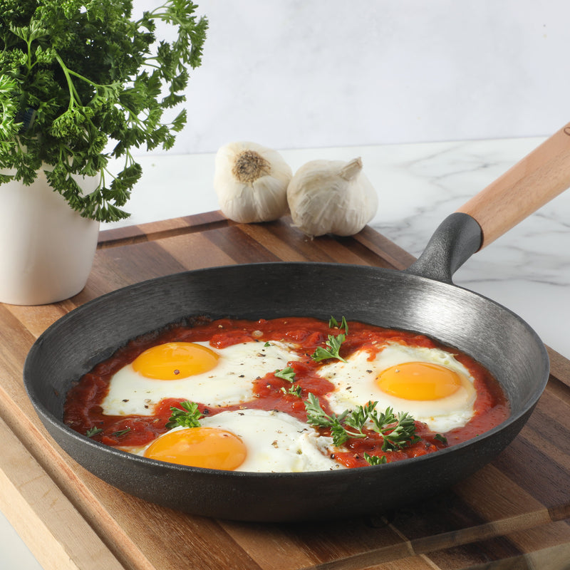 Oster Platinum Flintfield 9.5" Pre-seasoned Cast Iron Skillet - Circular Rough Polished Interior - No Rivets Wood Handle - Color Sleeve w/ Remailer