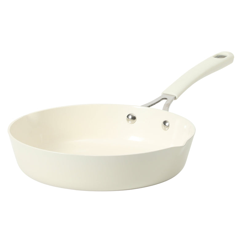 Martha Stewart 9.5" Heathland Aluminum Frying Pan - Linen - Taper Shape - Off White Ceramic Interior - Induction - Silicone Handle - Color Sleeve
