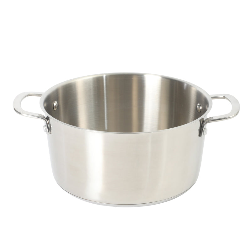 Sur La Table Kitchen Essential Chef's Deck 5.3 qt Stainless Steel Dutch Oven w/ Steamer & Glass Lid - Polish Exterior - Impact Bonded Base - Induction - Stainless Steel Hollow Handle - Color Sleeve w/ Remailer