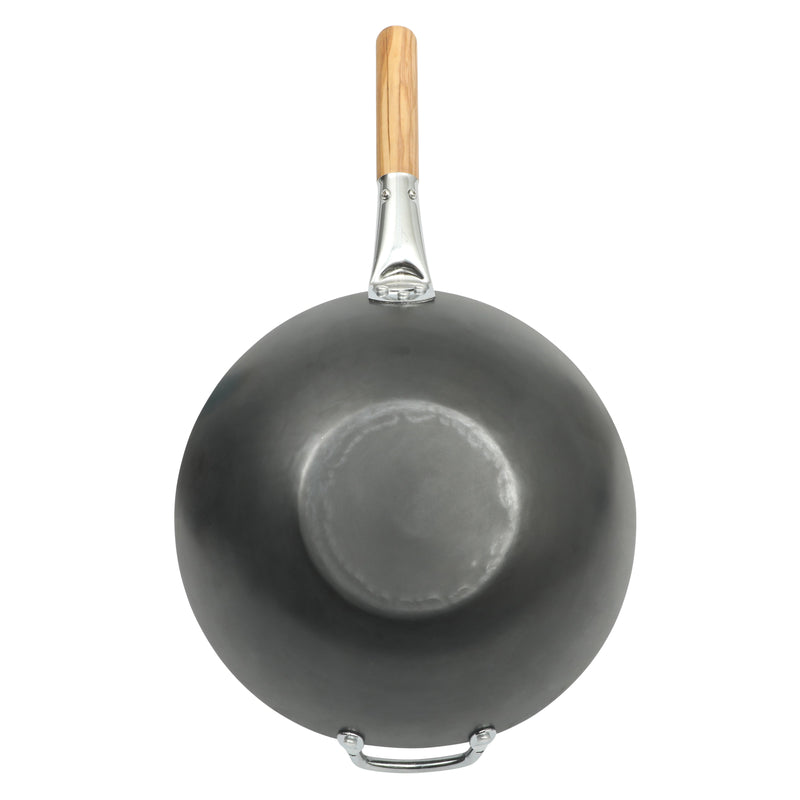 Sur la Table Kitchen Essentials Quick Fire 13.5" Non-Stick Steel Wok - Black Int/Ext - Olive Wood Handle - O/S Color Sleeve w/ Remailer