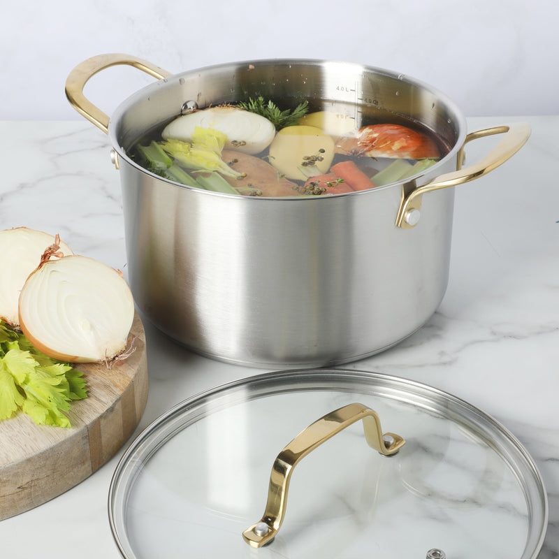 Martha Stewart Everyday Midvale 5 qt Stainless Steel Dutch Oven w/ Glass Lid - Gold PVD Cast Handle - Bonded Base - Color Sleeve w/ Factory Remailer