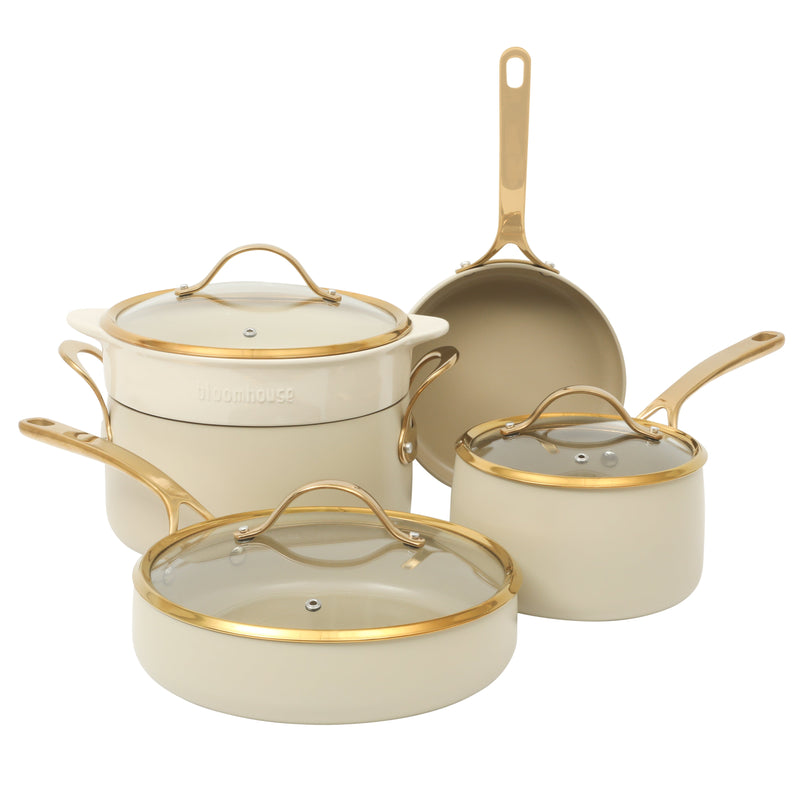 Bloomhouse 8pc Aluminum Cookware Set - Linen - Taupe Ceramic Interior - Nonstick - Gold PVD Stainless Steel Rim Glass Lid - Induction - Cast Stainless Steel Gold PVD Handle - Gift Box w/ Remailer