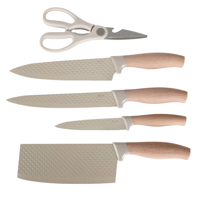 Oster Gunderson 6 pc Stainless Steel Cutlery Set w/ Round Stand - Taupe Diamond Embossed Blade - Wood Look Handle  - GBX w/ Remailer