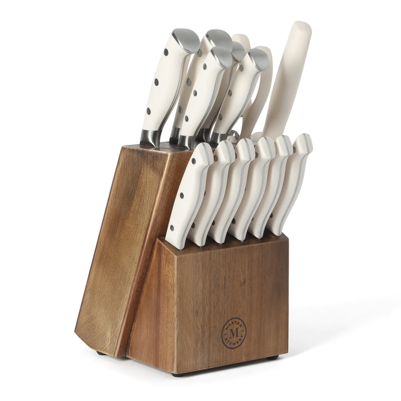 Martha Stewart Greeley 14pc Stainless Steel Cutlery Set w/ Acacia Wood Block - Forged Handle - GBX