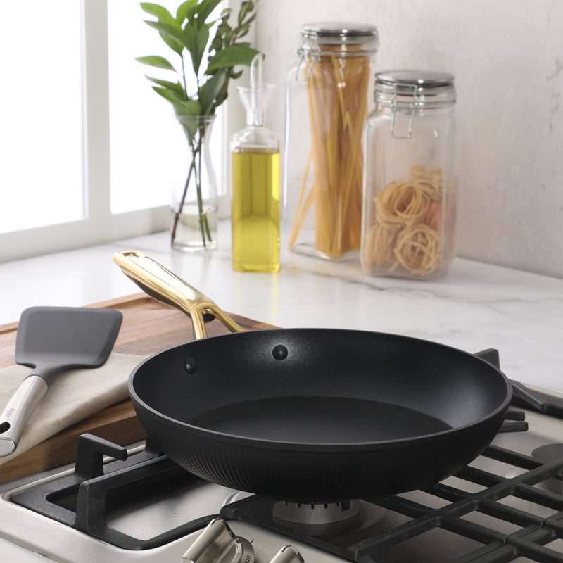 Oster Abbottsford 11" Aluminum Frying Pan - Matte Black Stripe - Nonstick - CD Bottom - Stainless Steel Gold Handle - Color Sleeve