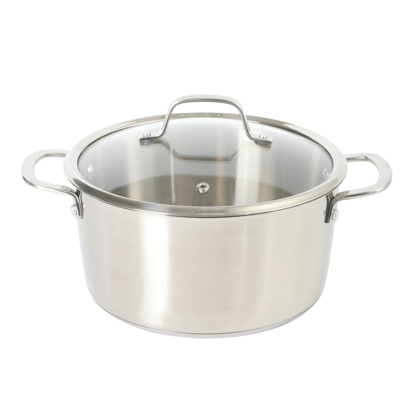 Sur La Table Kitchen Essential Chef's Deck 5.3 qt Stainless Steel Dutch Oven w/ Steamer & Glass Lid - Polish Exterior - Impact Bonded Base - Induction - Stainless Steel Hollow Handle - Color Sleeve w/ Remailer