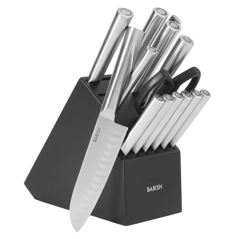 Babish 15 pc German Steel Cutlery Set w/ Black Rubber Wood Block - Gift Box w/ Remailer