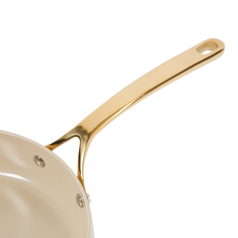 Bloomhouse 10" Aluminum Frying Pan w/ lid - Linen - Taupe Ceramic Nonstick Interior - Induction - Cast Stainless Steel Gold PVD Handle - Gift Box w/ Remailer