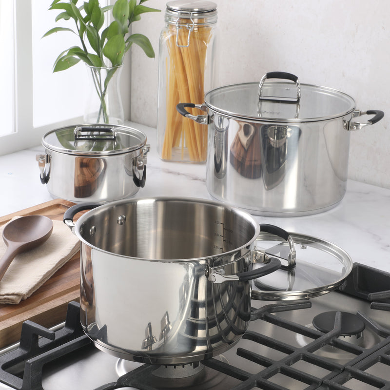 Oster Platinum Silverbolt 6pc 5-Ply Stackable Dutch Oven Set - Straight Shape - Foldable Wire Handle - Gift Box w/ Remailer