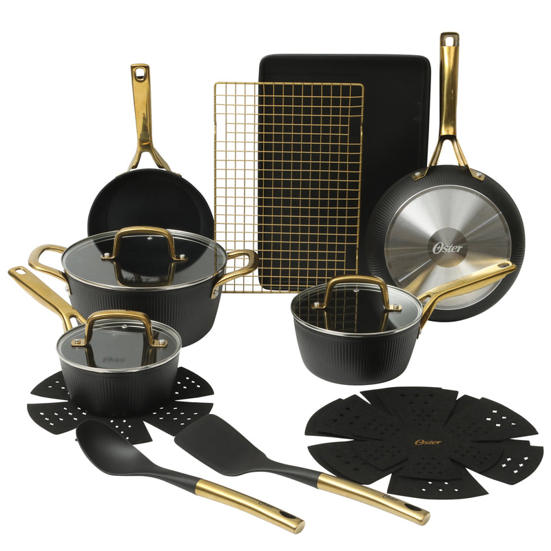 Oster Abbottsford 16pc Aluminum Cookware Combo Set - Matte Black Stripe - Nonstick - CD Bottom - Stainless Steel Handle - Gift Box