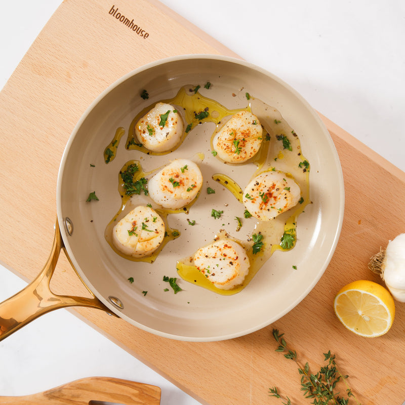 Bloomhouse 8" Aluminum Frying Pan - Linen - Taupe Ceramic Interior - Ceramic Nonstick - Induction - Cast Stainless Steel Gold PVD Handle - Gift Box w/ Remailer
