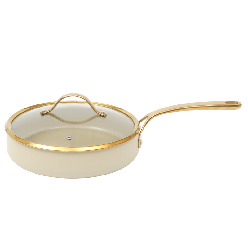 Bloomhouse 8pc Aluminum Cookware Set - Linen - Taupe Ceramic Interior - Nonstick - Gold PVD Stainless Steel Rim Glass Lid - Induction - Cast Stainless Steel Gold PVD Handle - Gift Box w/ Remailer