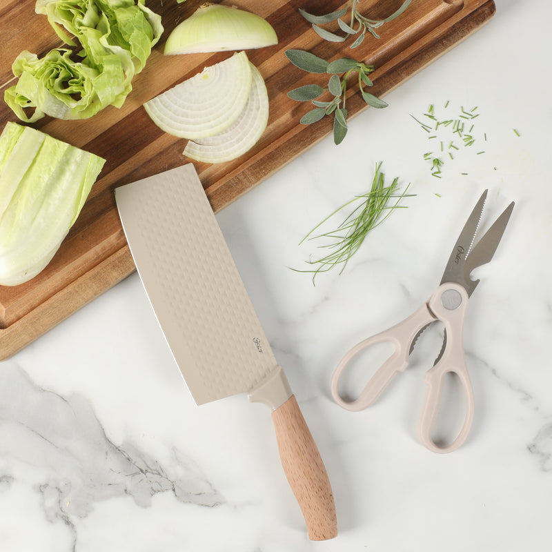 Oster Gunderson 2pc 6" Cleaver & Scissors Set - Taupe - Textured Blade - Non Stick - PP Wood Look Soft Touch Handle - Clam Pack