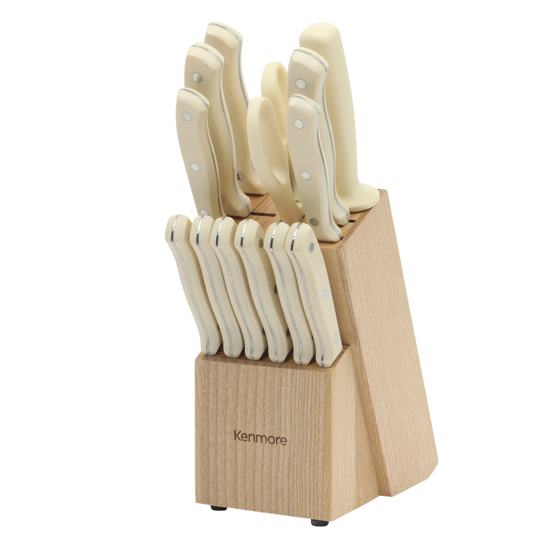 Kenmore Kane Glacier 14pc Stainless Steel Cutlery Set w/ Ashwood Block - ABS Handle - Gift Box w/ Remailer : Linen
